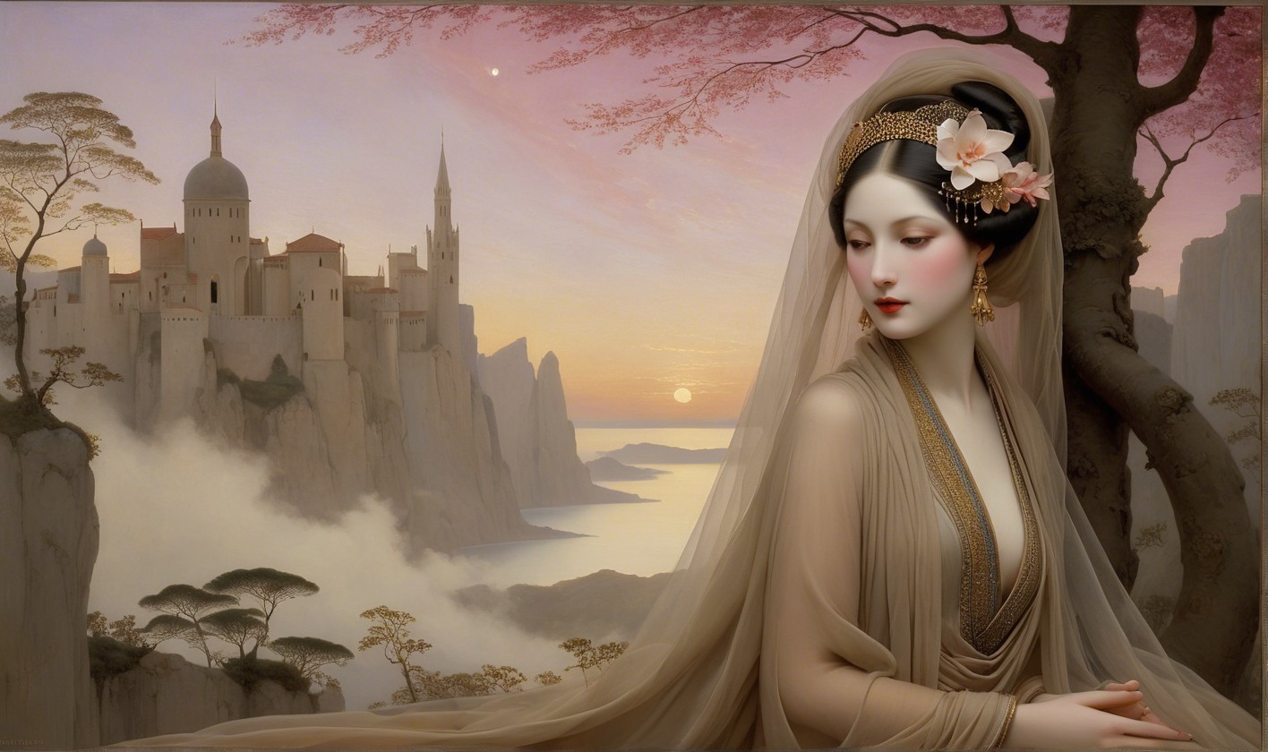 Pale Woman in Beige Dress by Ancient City at Sunset