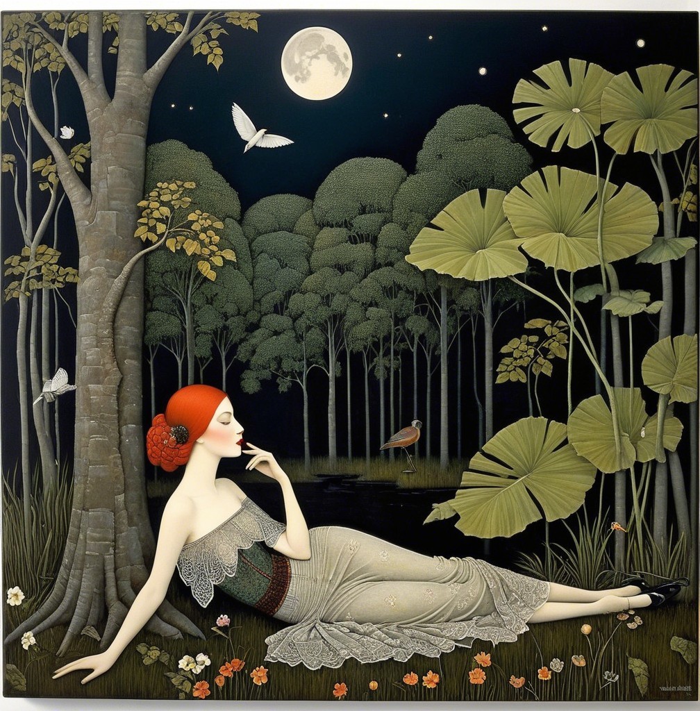 Moonlit Pond Scene with Woman and Nature Elements