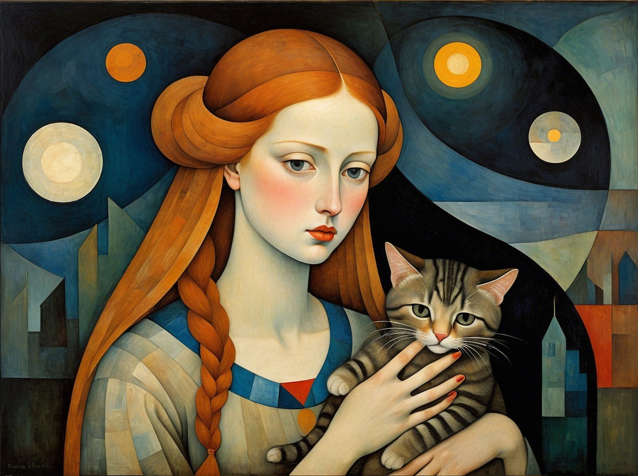 Red-headed woman with cat in abstract moonlit scene