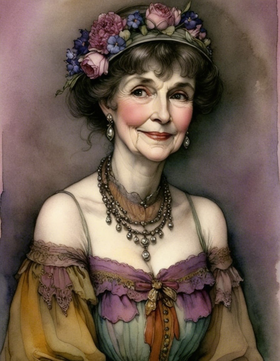 Elegant Elderly Woman in Floral Headpiece and Gown