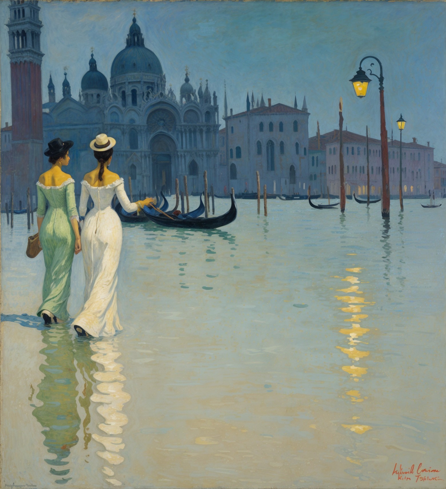 Elegant Women Strolling by Water in Venice Painting