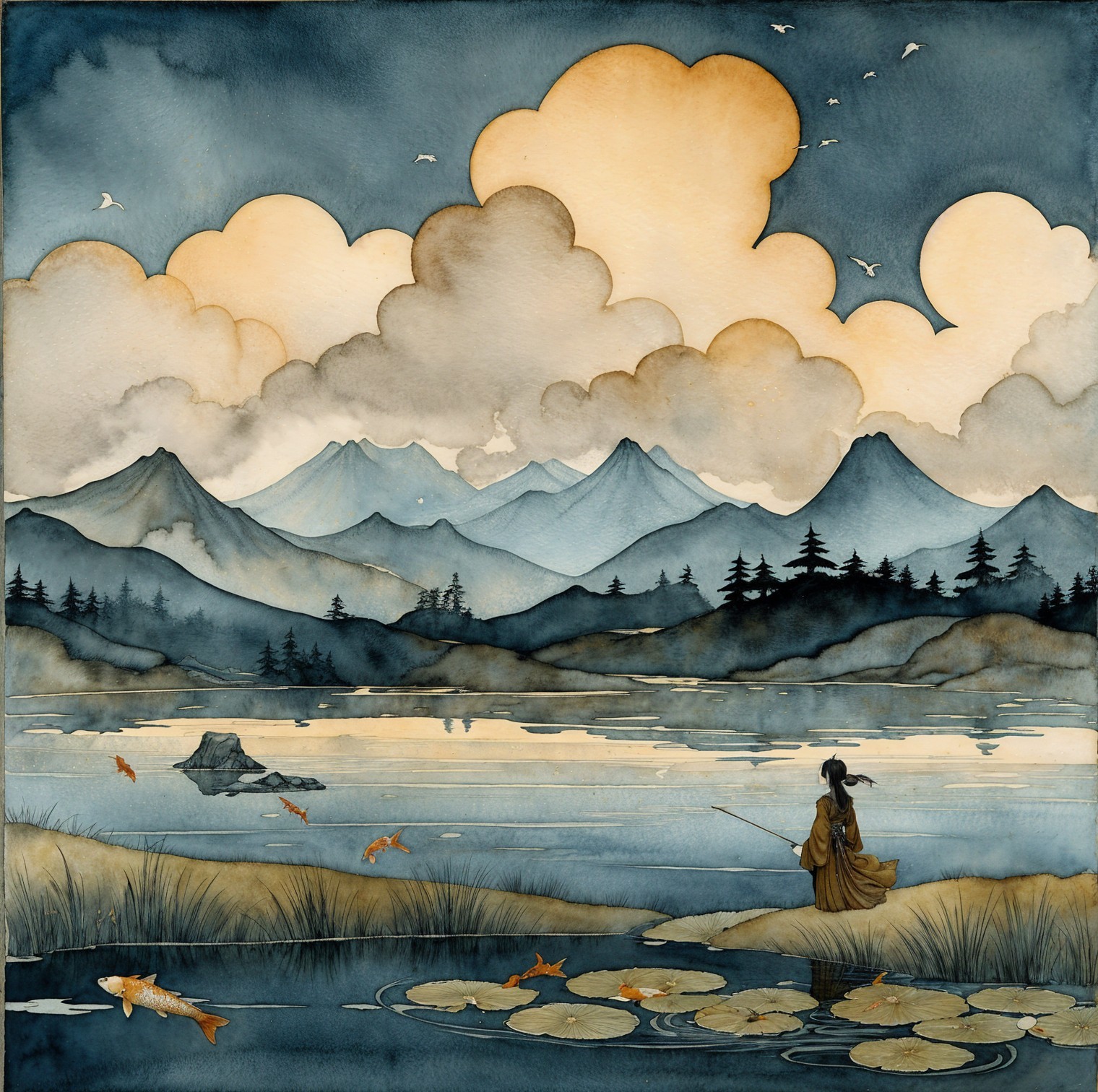 Serene Landscape with Fisherman by Tranquil Lake
