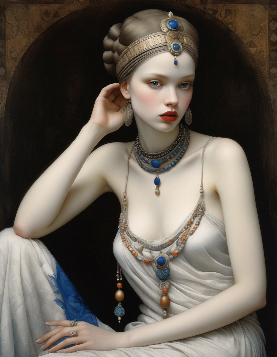 Pale-skinned woman in white gown and blue gemstone jewelry poses against dark backdrop