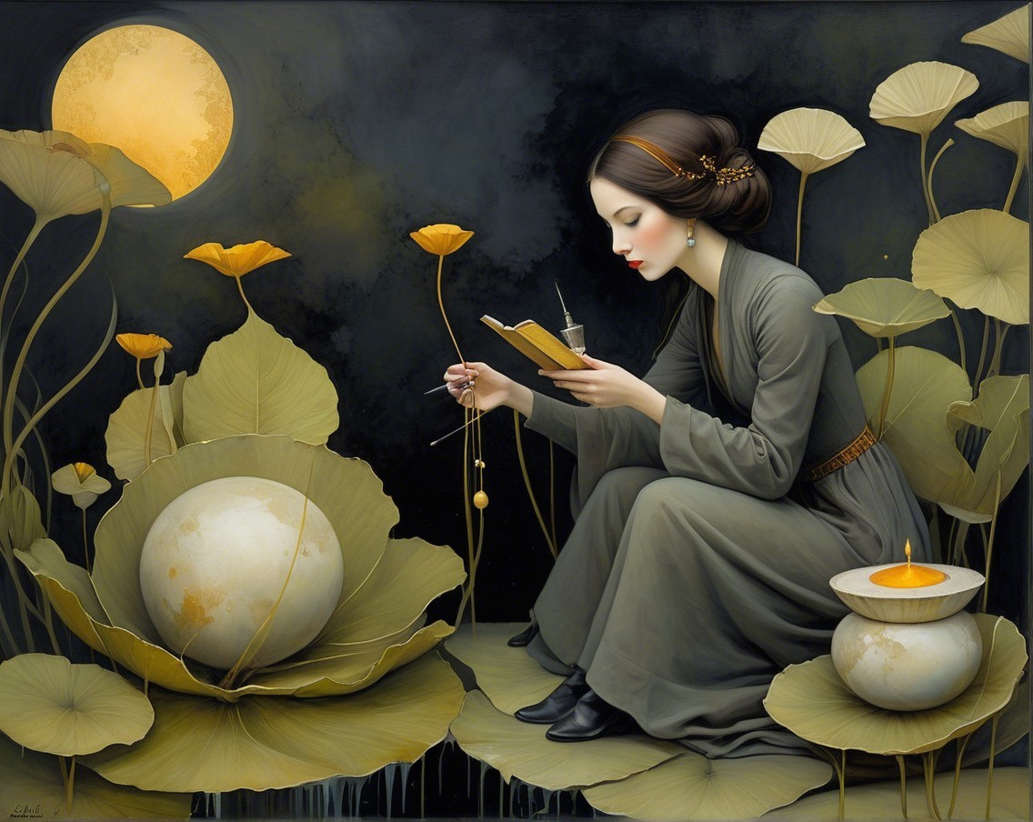 Serene woman reading among lotus plants and flowers