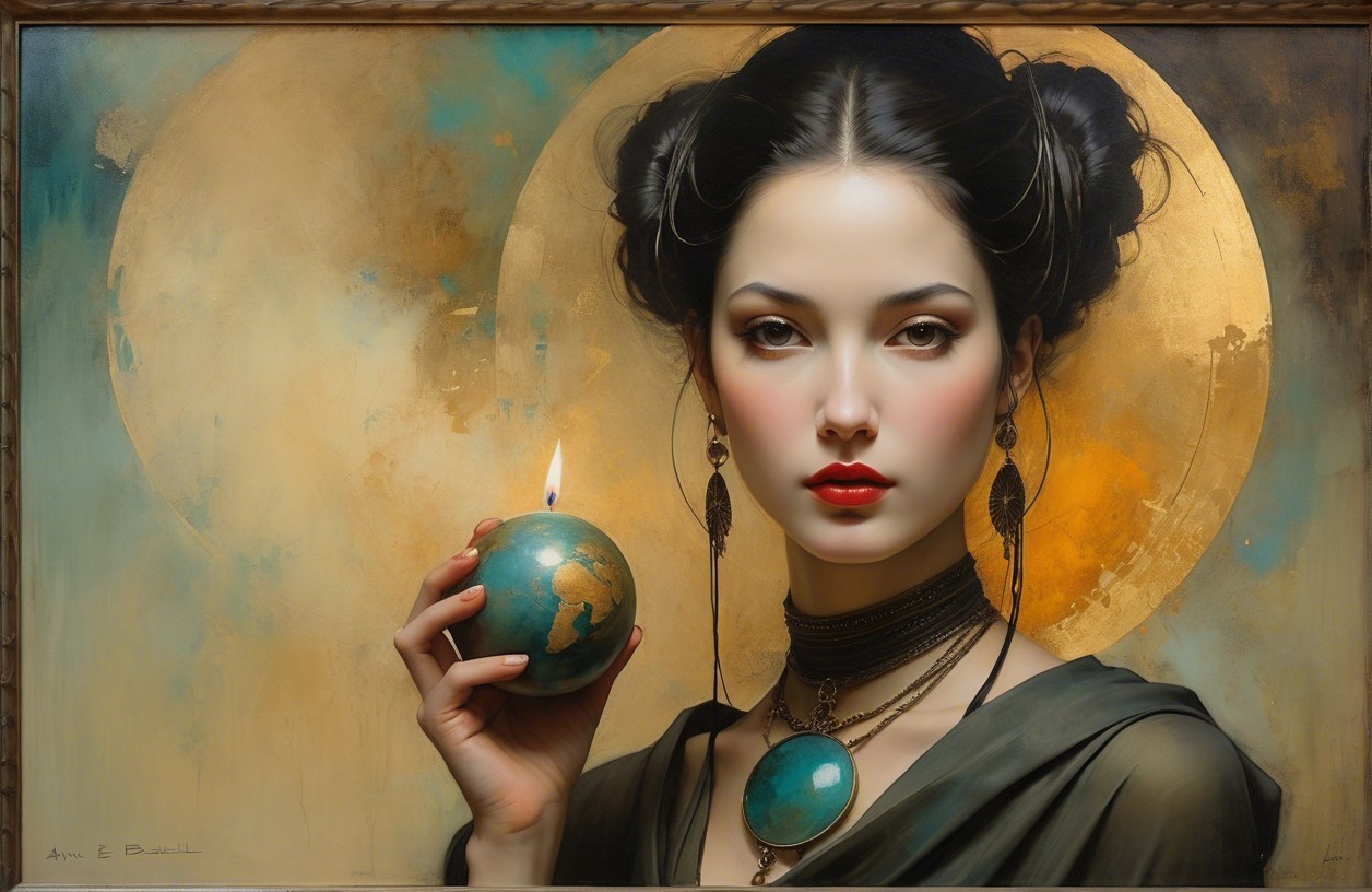 Portrait of a serene woman with globe and candle