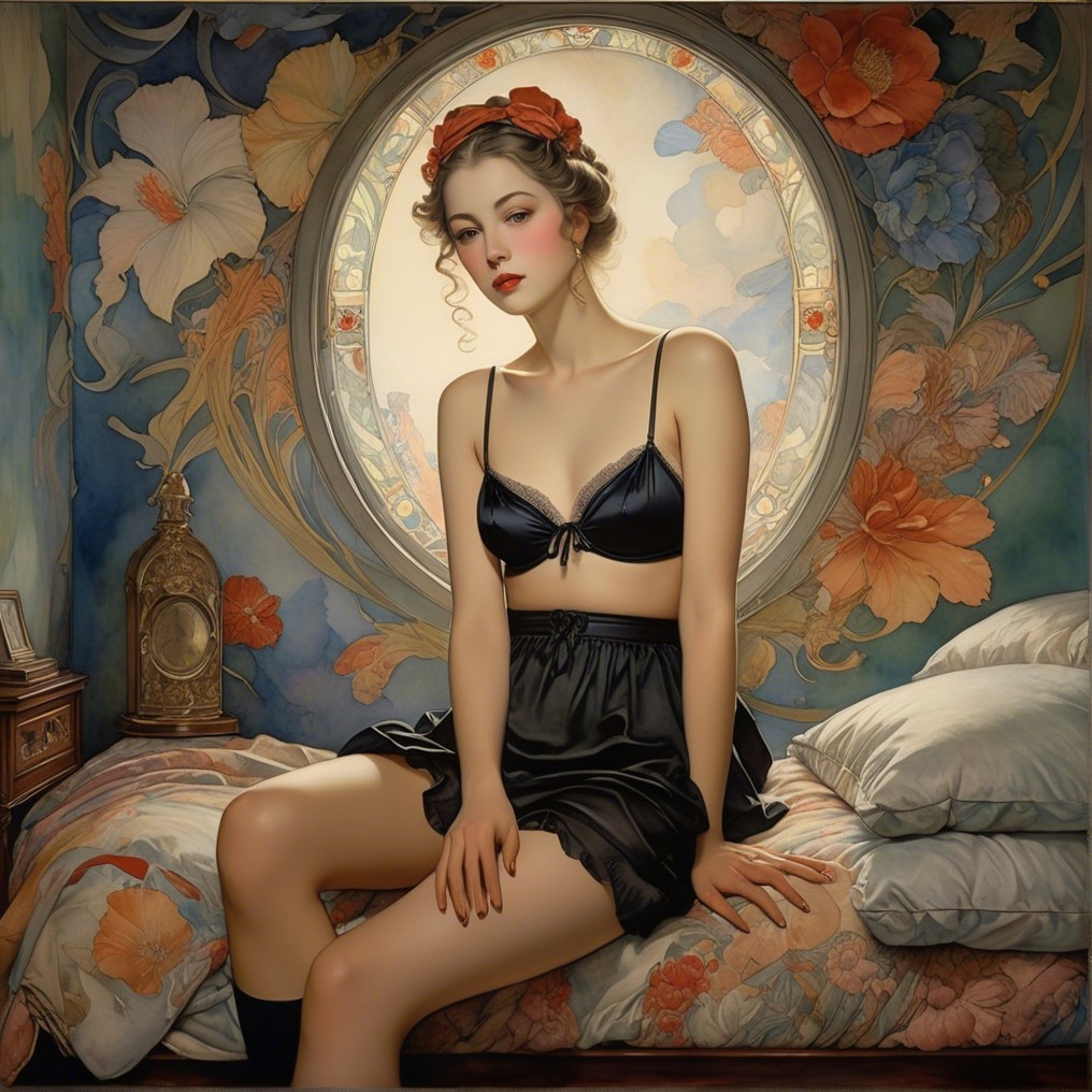 Young woman in black lingerie on a bed with flowers