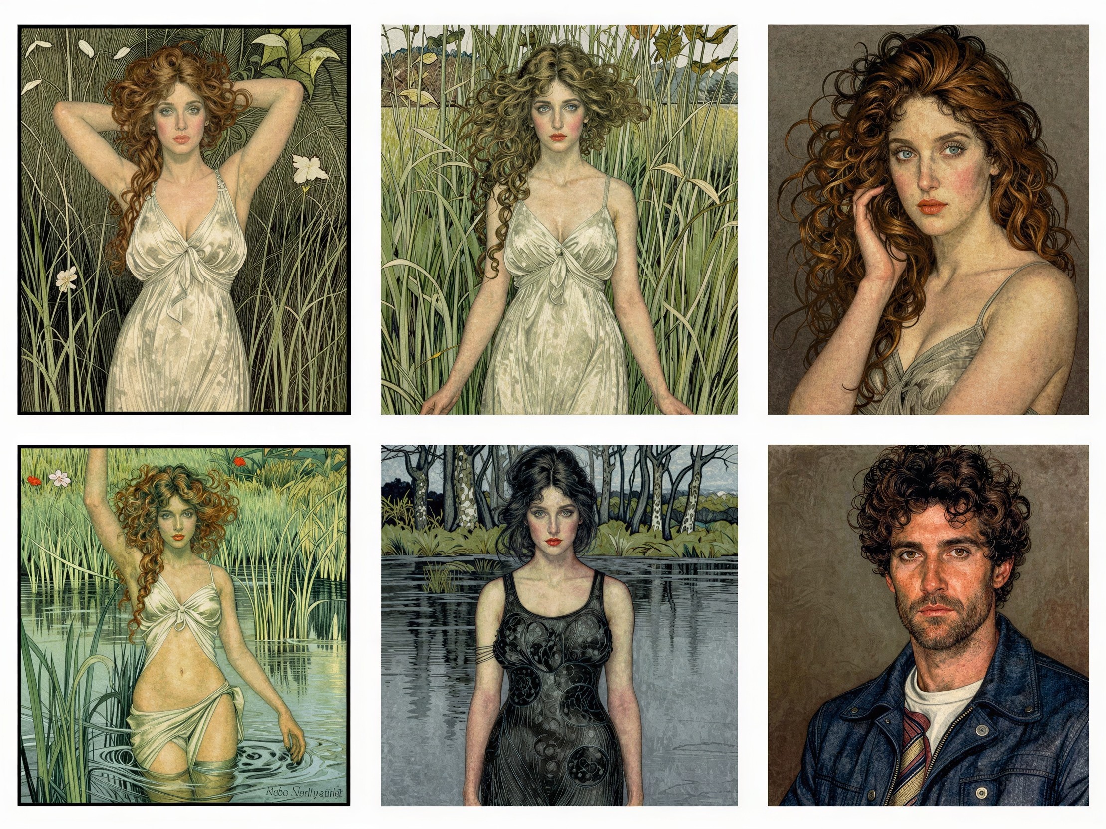 Art Nouveau Collage of Six Illustrations on White Background