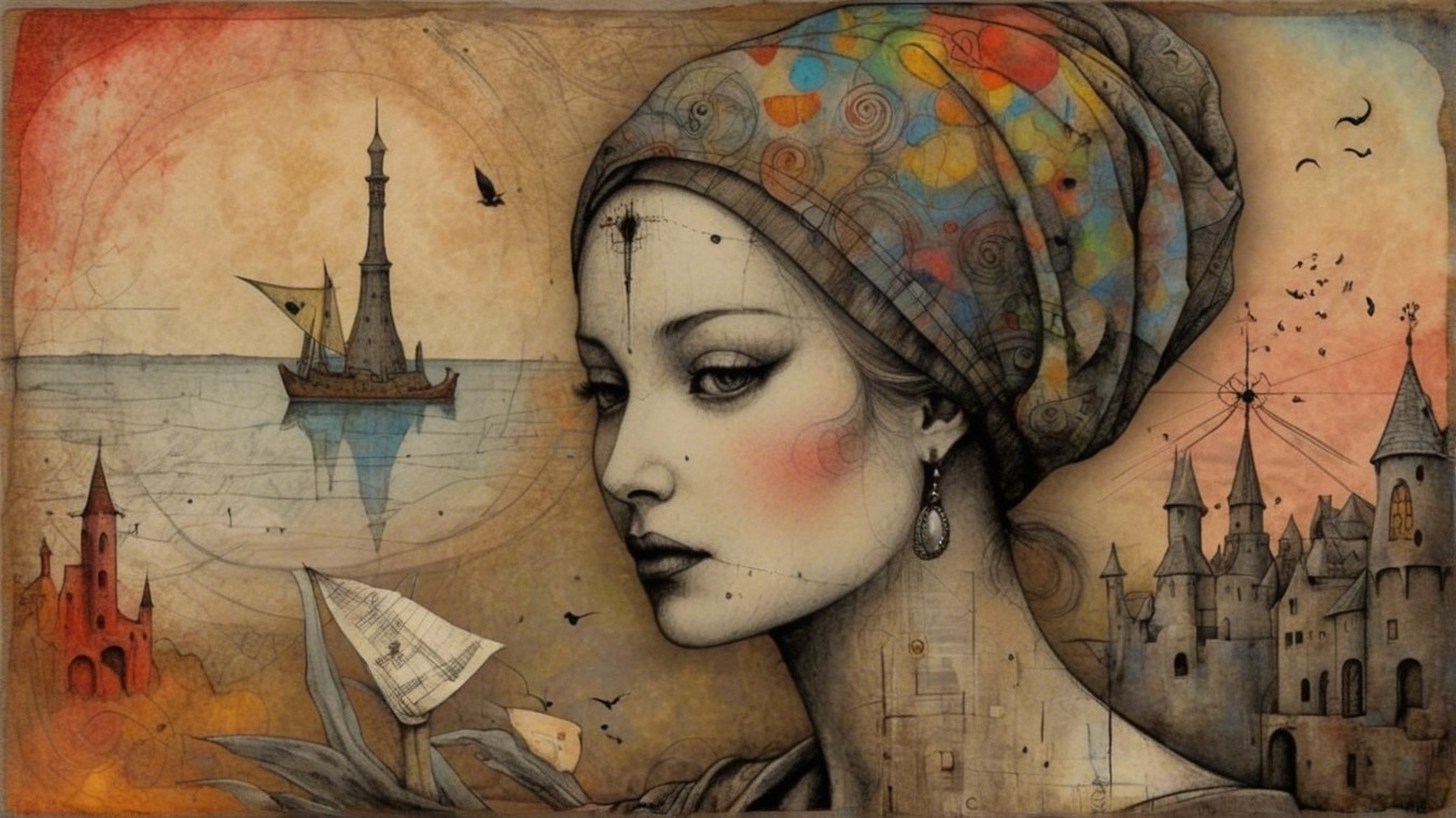 Stylized portrait of a woman in a colorful landscape
