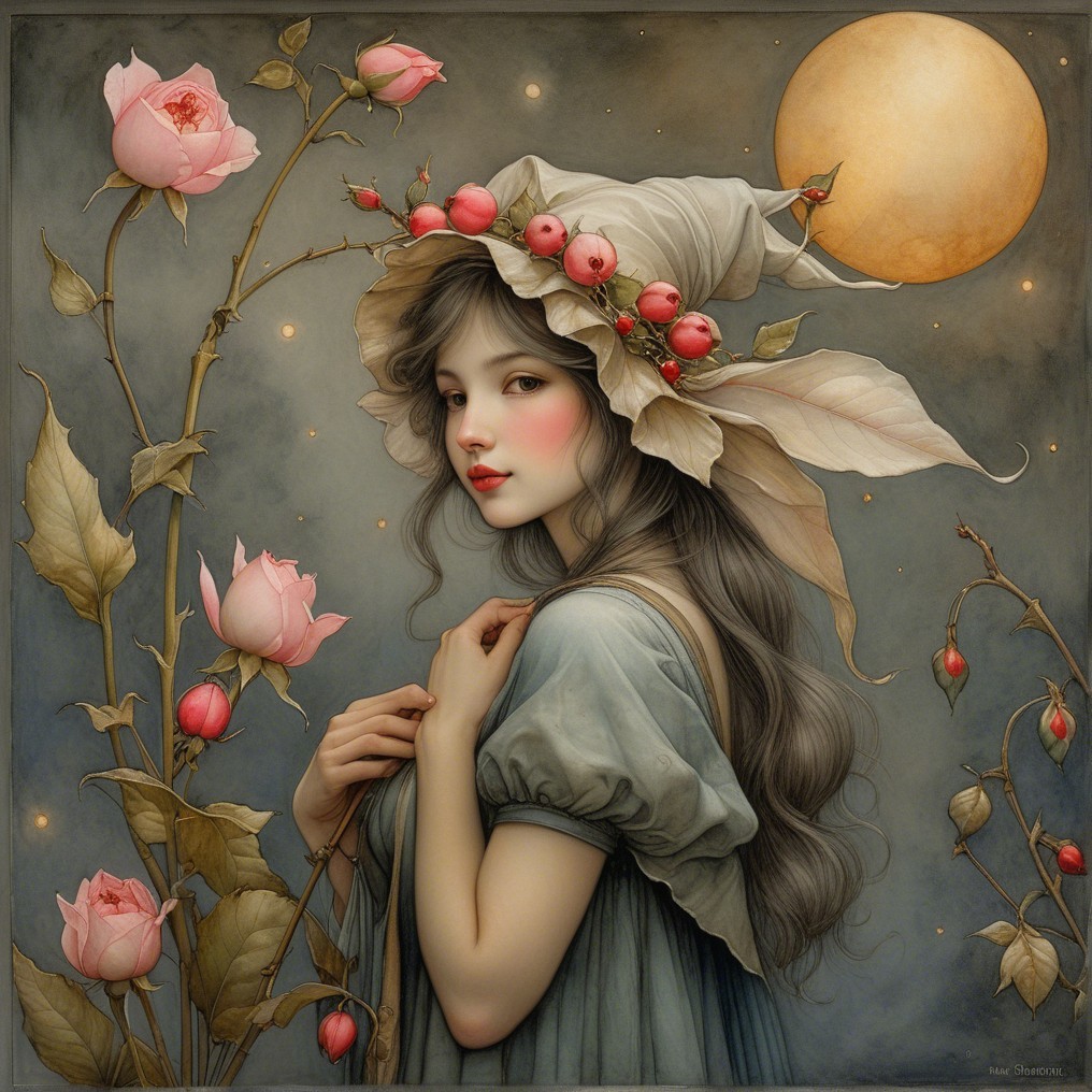 Young Woman in Blue Dress Under Starry Night Sky