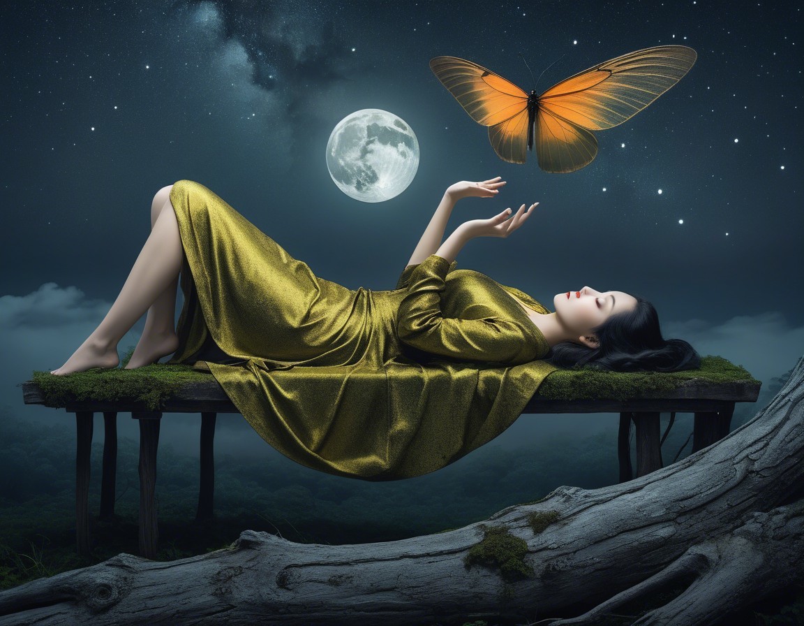 Serene Night Scene with Woman and Butterfly