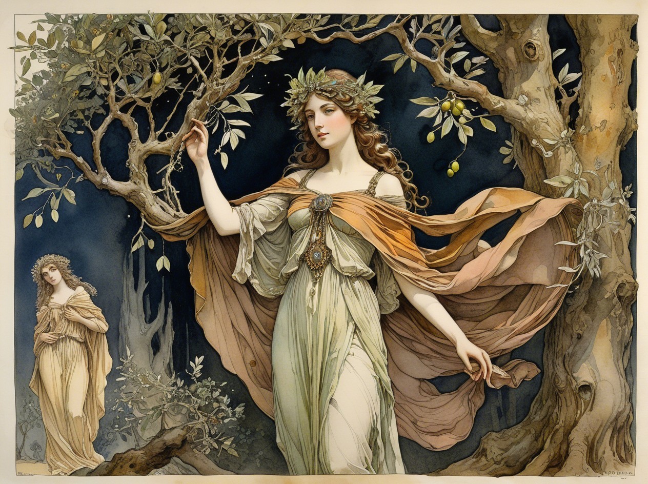 Antique Watercolor of Mythical Scene with Woman