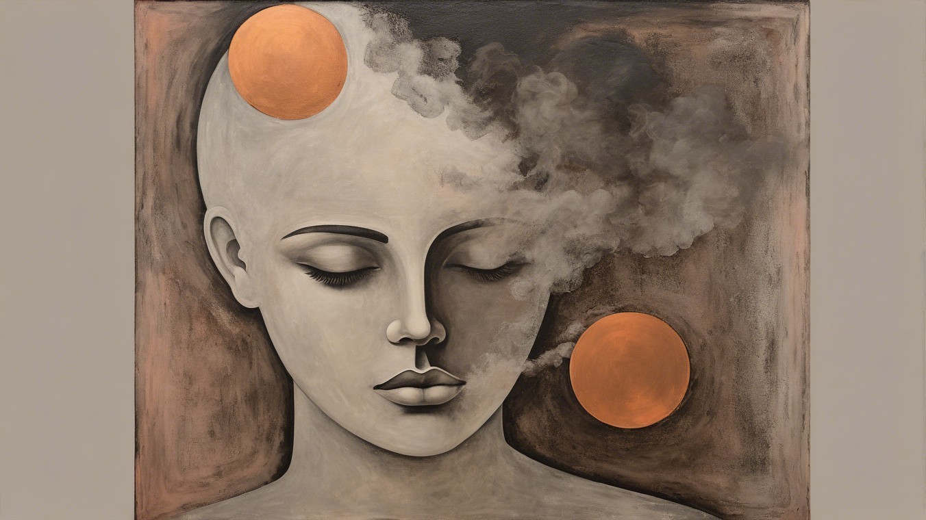 Serene Figure with Circular Orange Shapes and Smoke