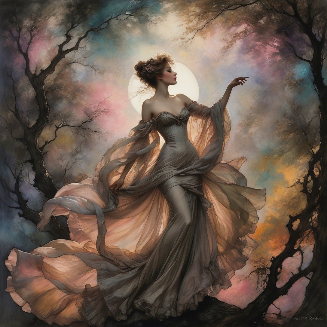 Woman in Strapless Light Brown Dress Against Moonlight