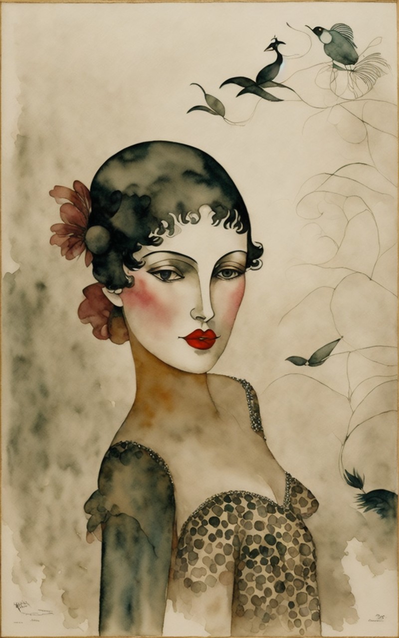 Elegant Woman in Dreamy Setting with Whimsical Birds