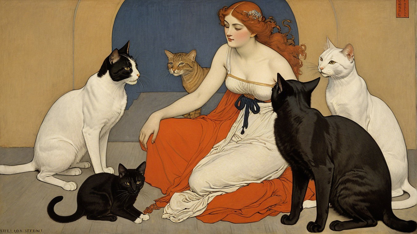 Serene Woman in White Dress Surrounded by Cats