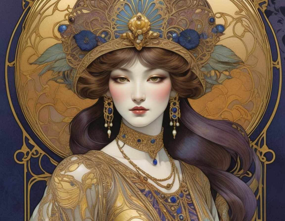 Elegant woman portrait with ornate headdress and gold jewelry