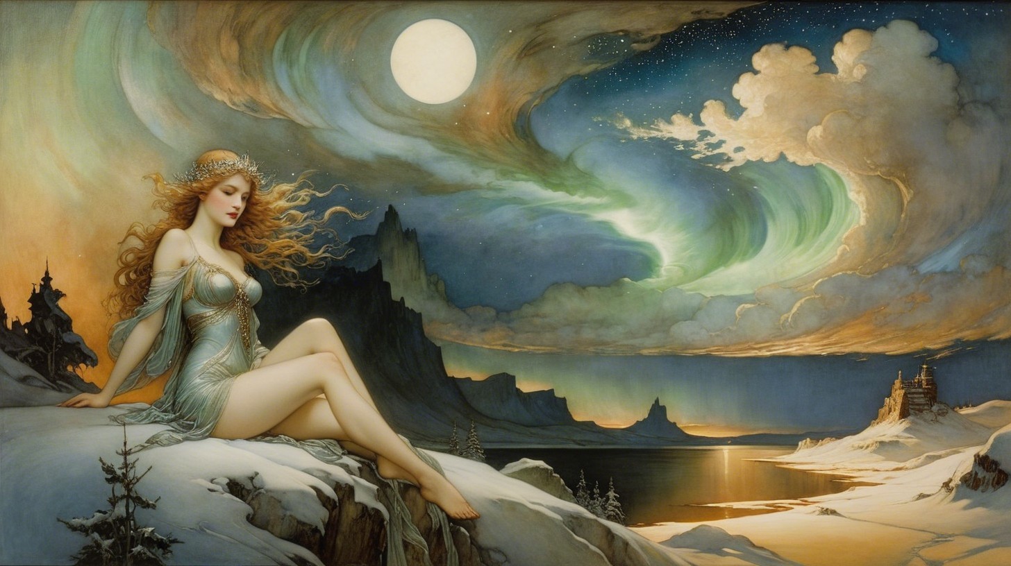 Woman in Off-the-Shoulder Gown on Snowy Cliff