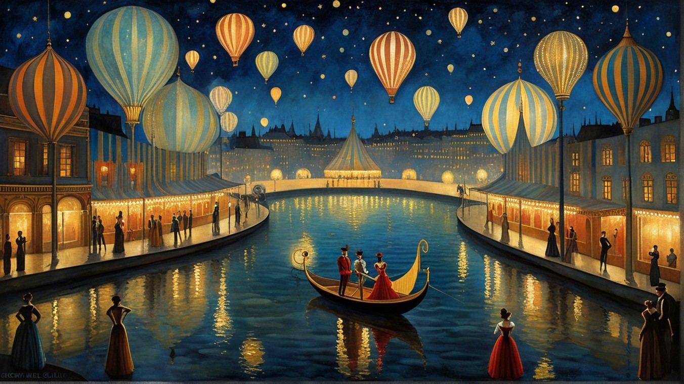 Charming Night Scene with Hot Air Balloons by River