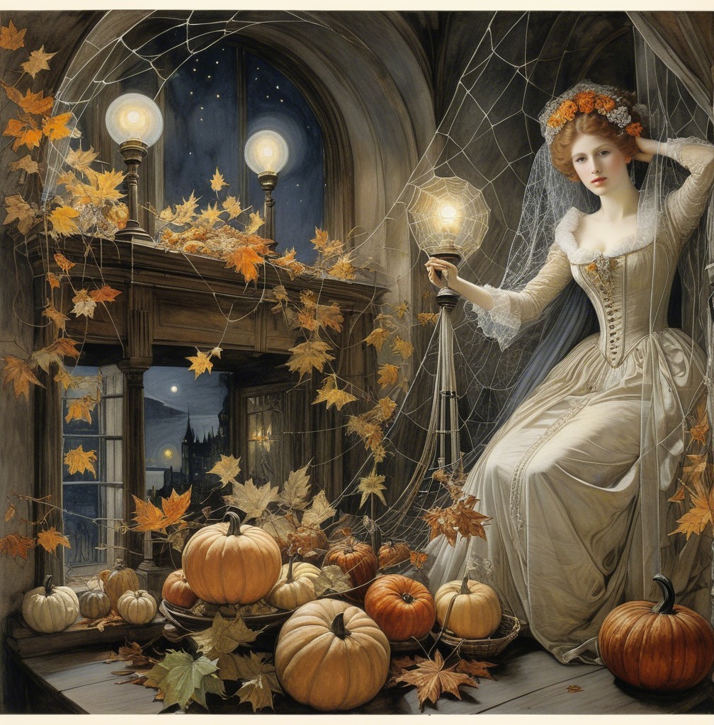 Serene Woman in White Gown Surrounded by Pumpkins