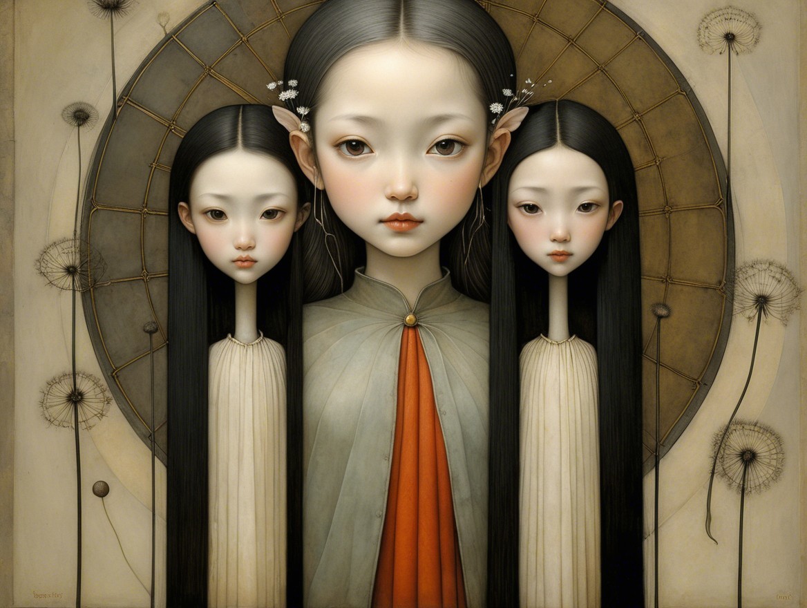 Surreal Artwork with Ethereal Figures and Celestial Background