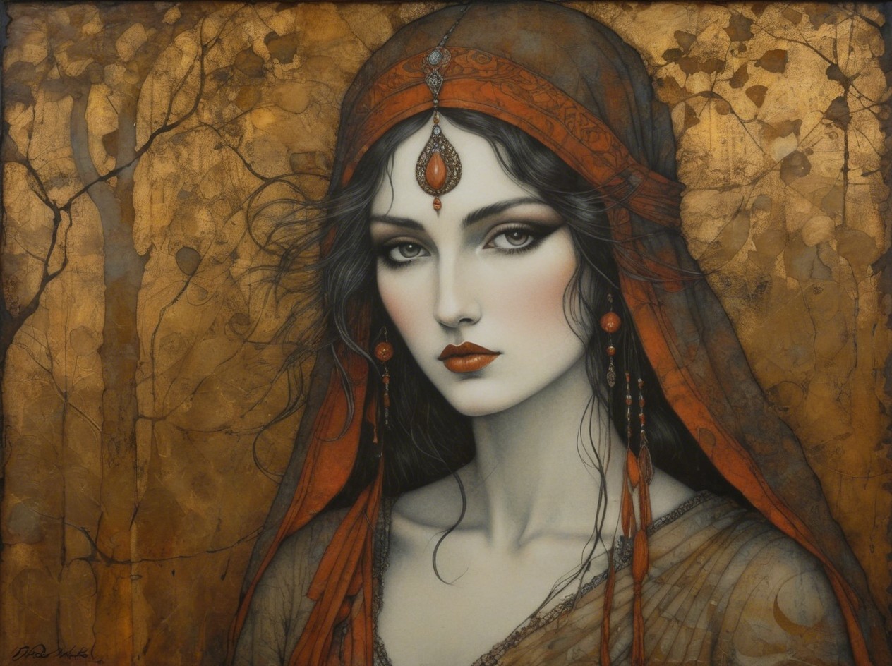 Digital Painting of Young Woman in Dark Red Attire