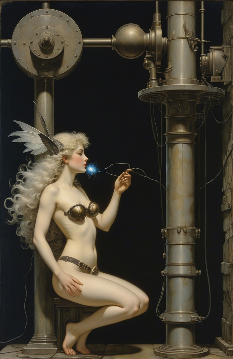 Woman with flowing hair in an industrial setting