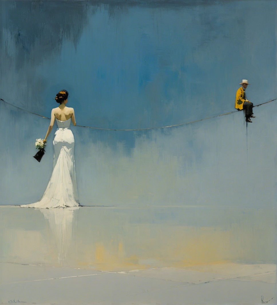 Woman in Wedding Dress on Tightrope with Man Nearby