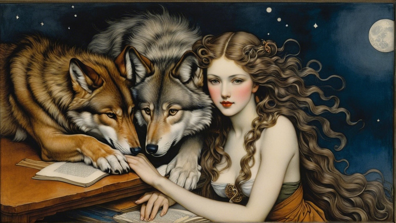 Young Woman with Wolves Under Starry Night Sky