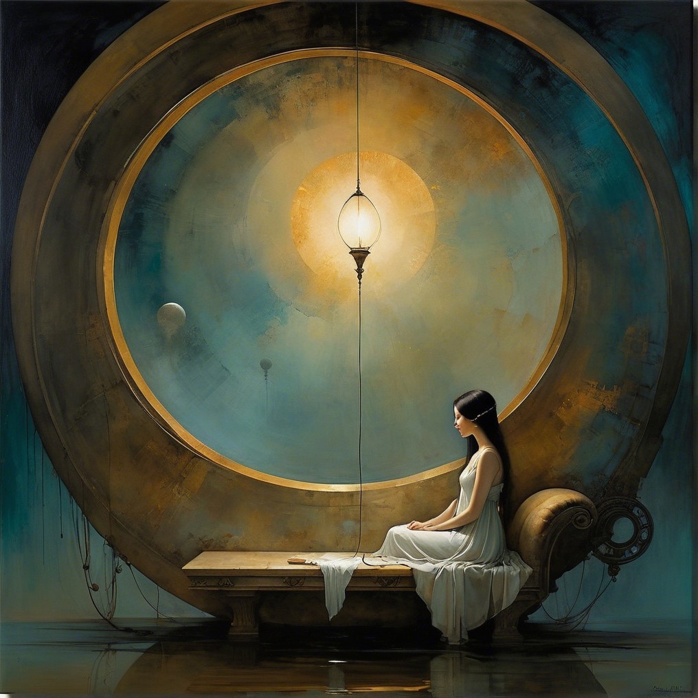 Young woman in white dress by circular window with light