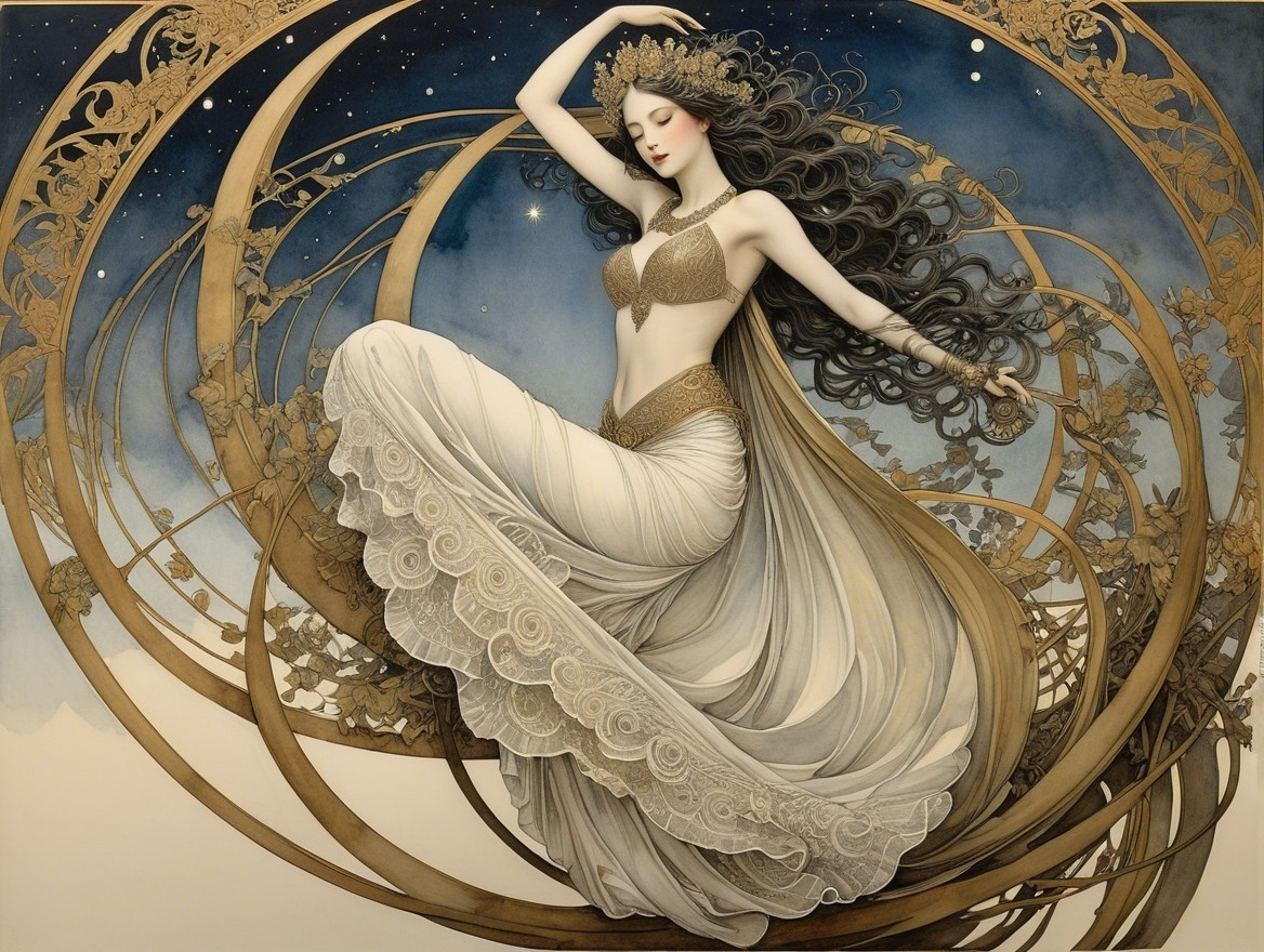 Elegant Woman in Flowing Gown Against Starry Background