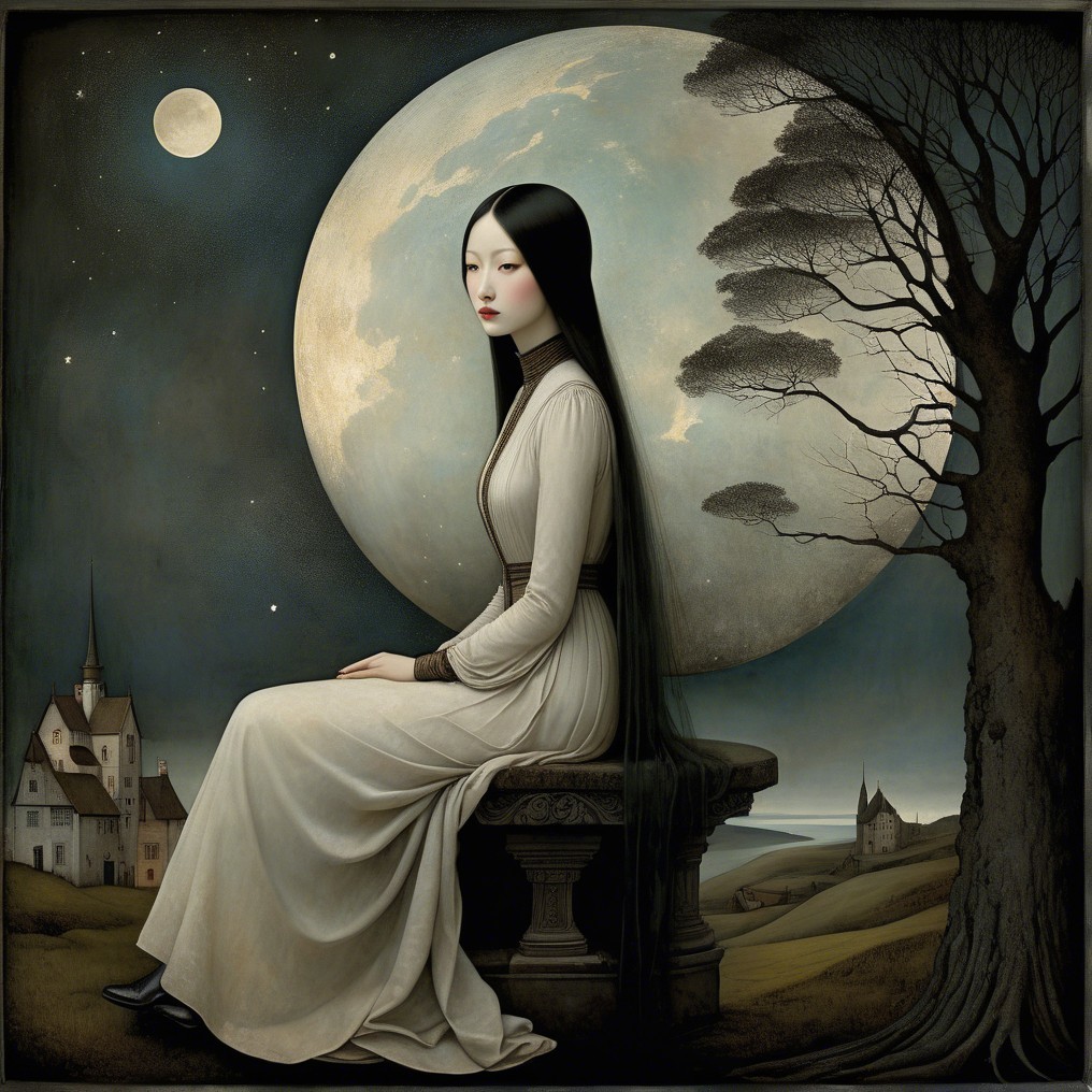 Serene Figure in White Gown Under Luminous Moon