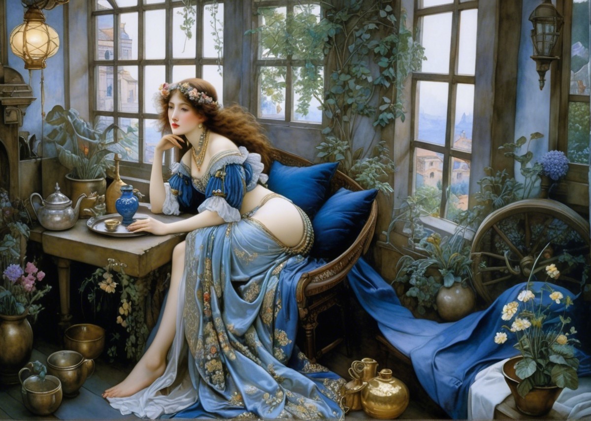 Serene Room with Woman in Blue Gown and Greenery