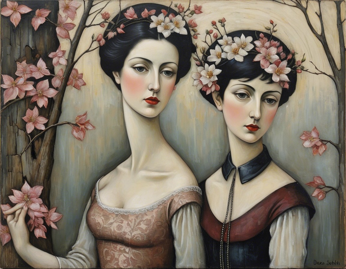 Elegant Women in Floral Crowns with Cherry Blossoms