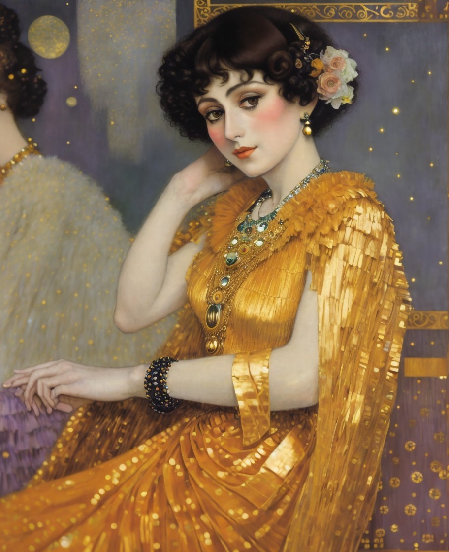 Glamorous Woman in Golden Dress with Floral Accents