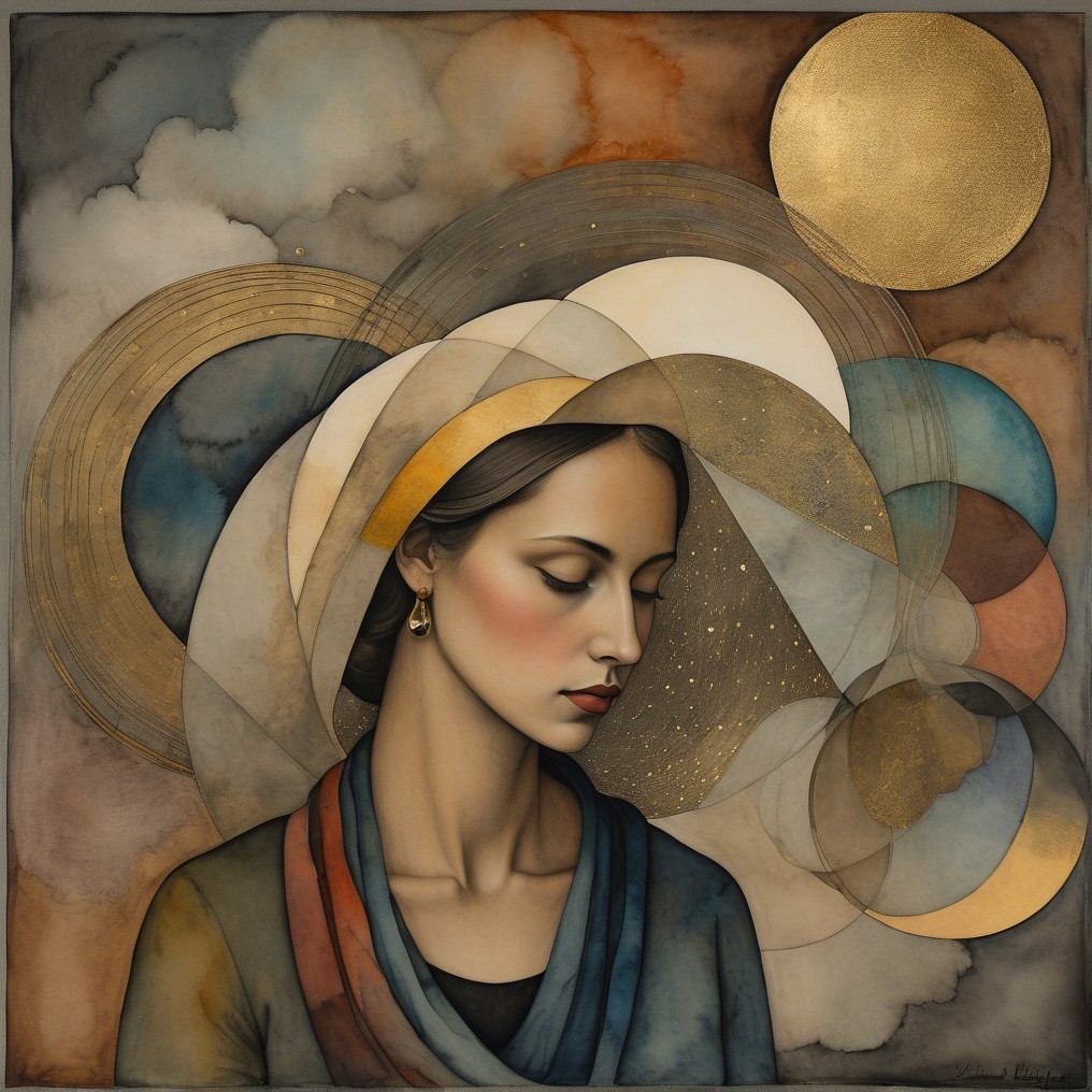 Serene Woman Surrounded by Geometric Shapes and Colors