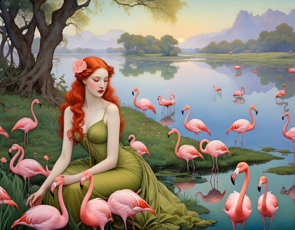 Woman with Red Hair by Tranquil Lake at Sunset