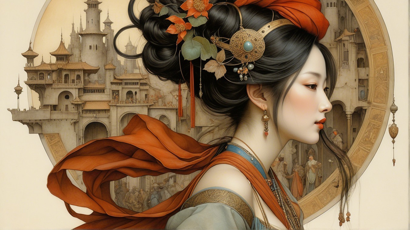 Serene woman in ornate robe with ancient city backdrop