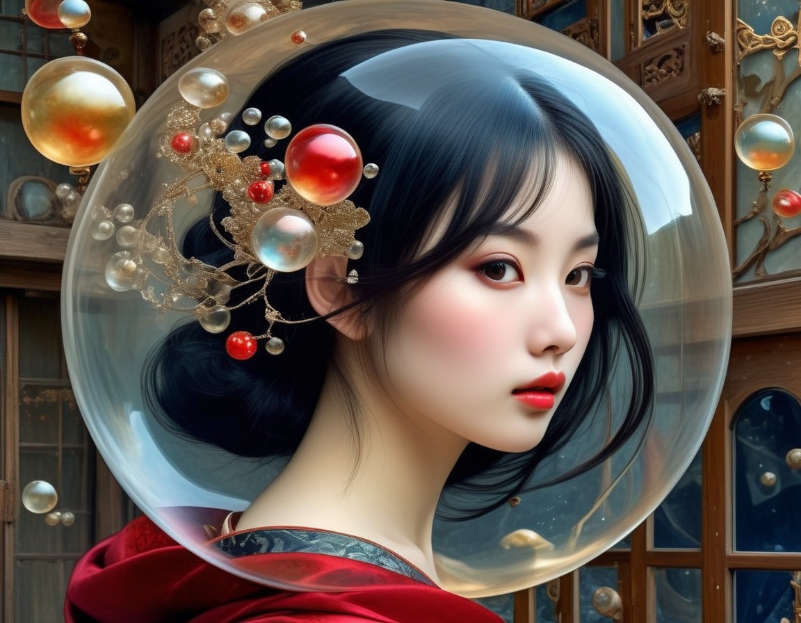 Digital Artwork of Woman in Red with Bubbles