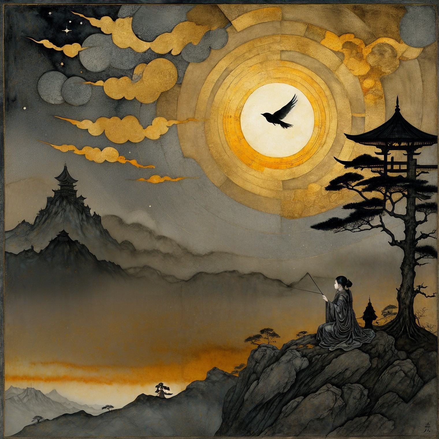 Serene landscape with woman fishing and mountains