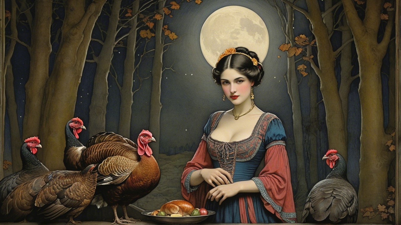 Woman in Vintage Dress Surrounded by Turkeys at Night
