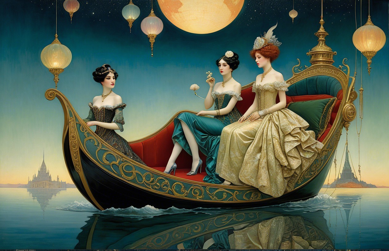 Elegant Women in Gondola Under Moonlit Sky