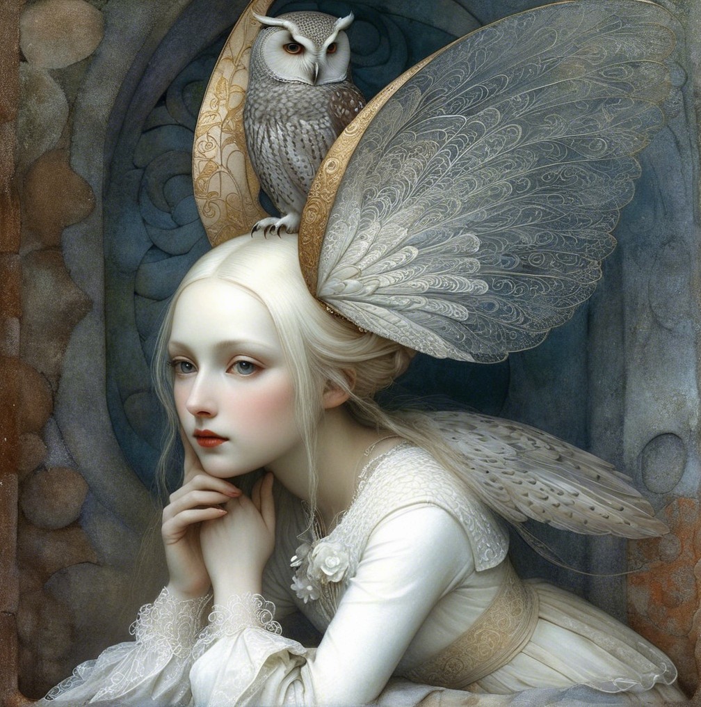 Serene Young Woman with Owl and Ethereal Wings