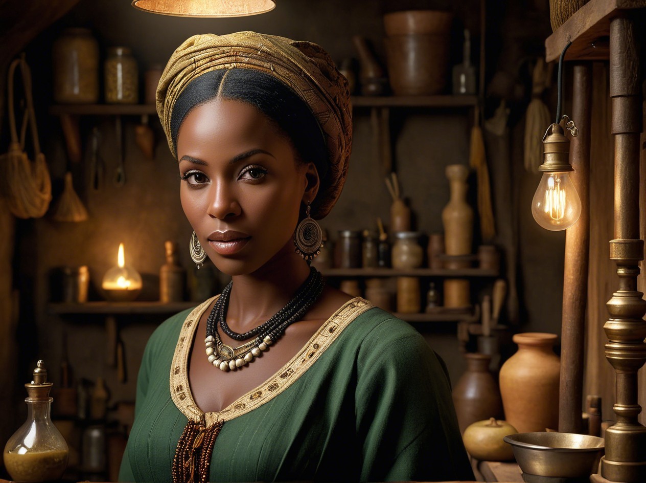 Dark-skinned woman in green tunic among jars and candles