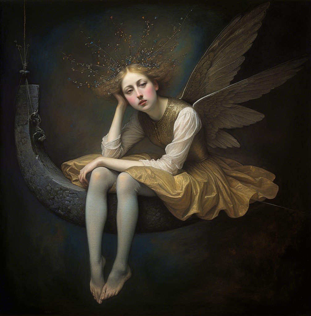 Serene figure on crescent moon with flowing gown and wings