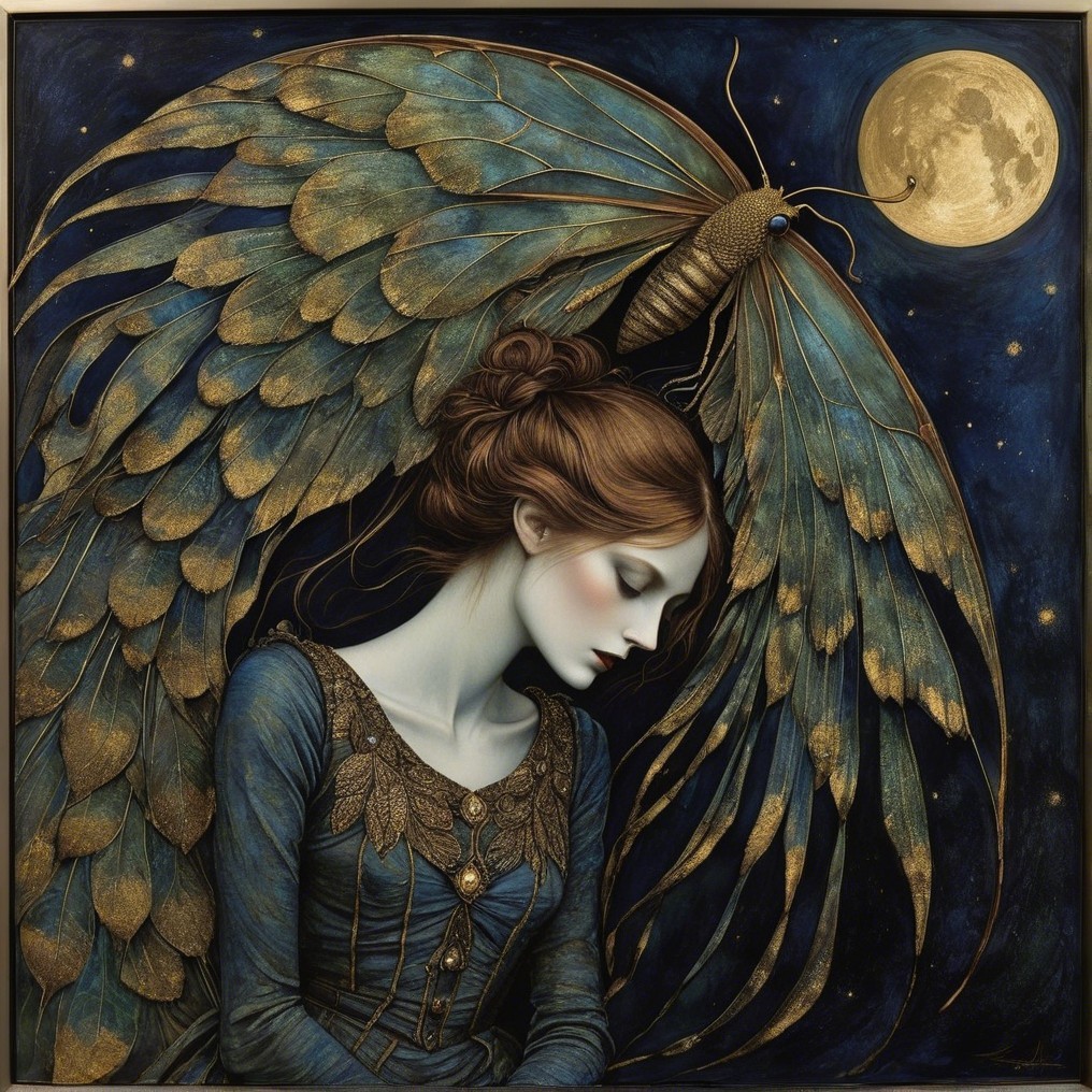 Profile of a Serene Woman with Moth Wings and Moonlight
