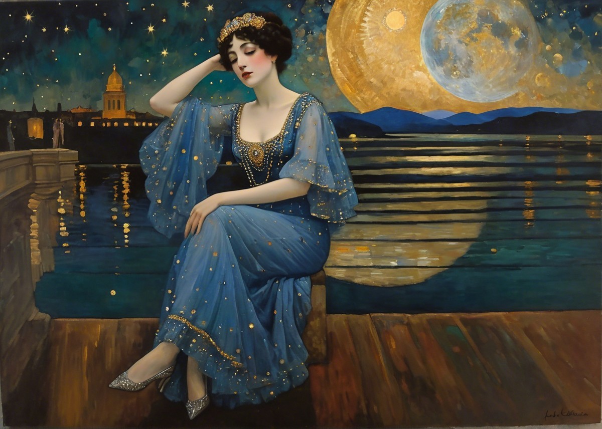 Serene Woman in Blue Gown by Tranquil Water Scene