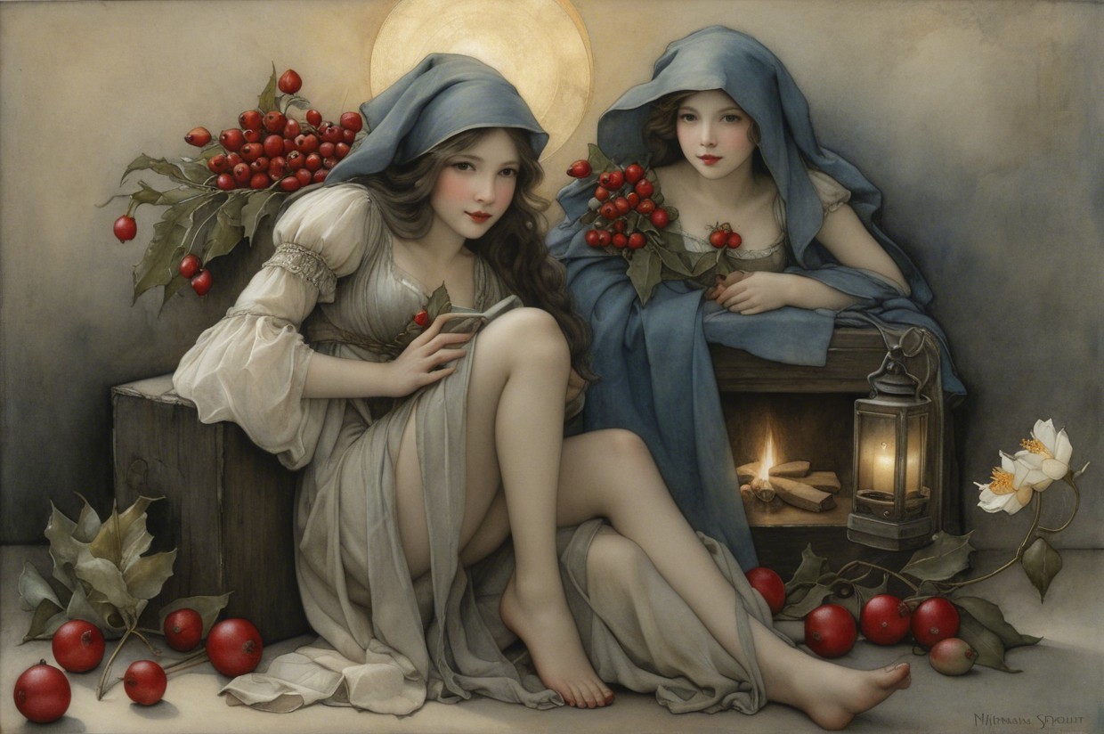 Young Women in Serene Setting with Apples and Lantern