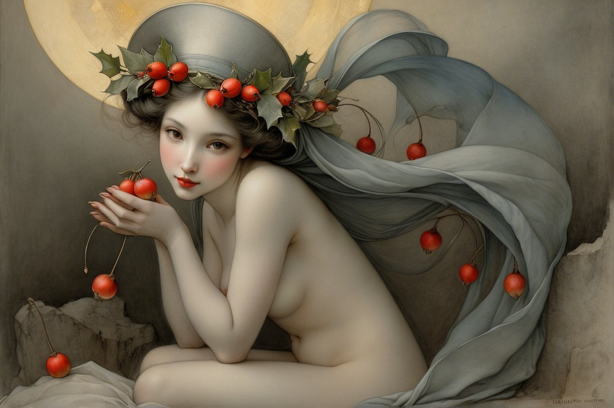 Serene figure with holly crown and flowing fabric