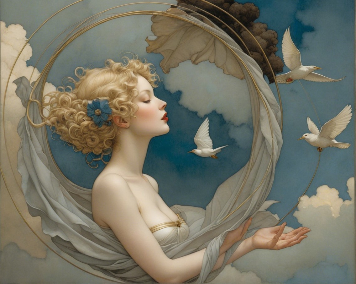 Serene Woman with Curly Hair and Nature Elements