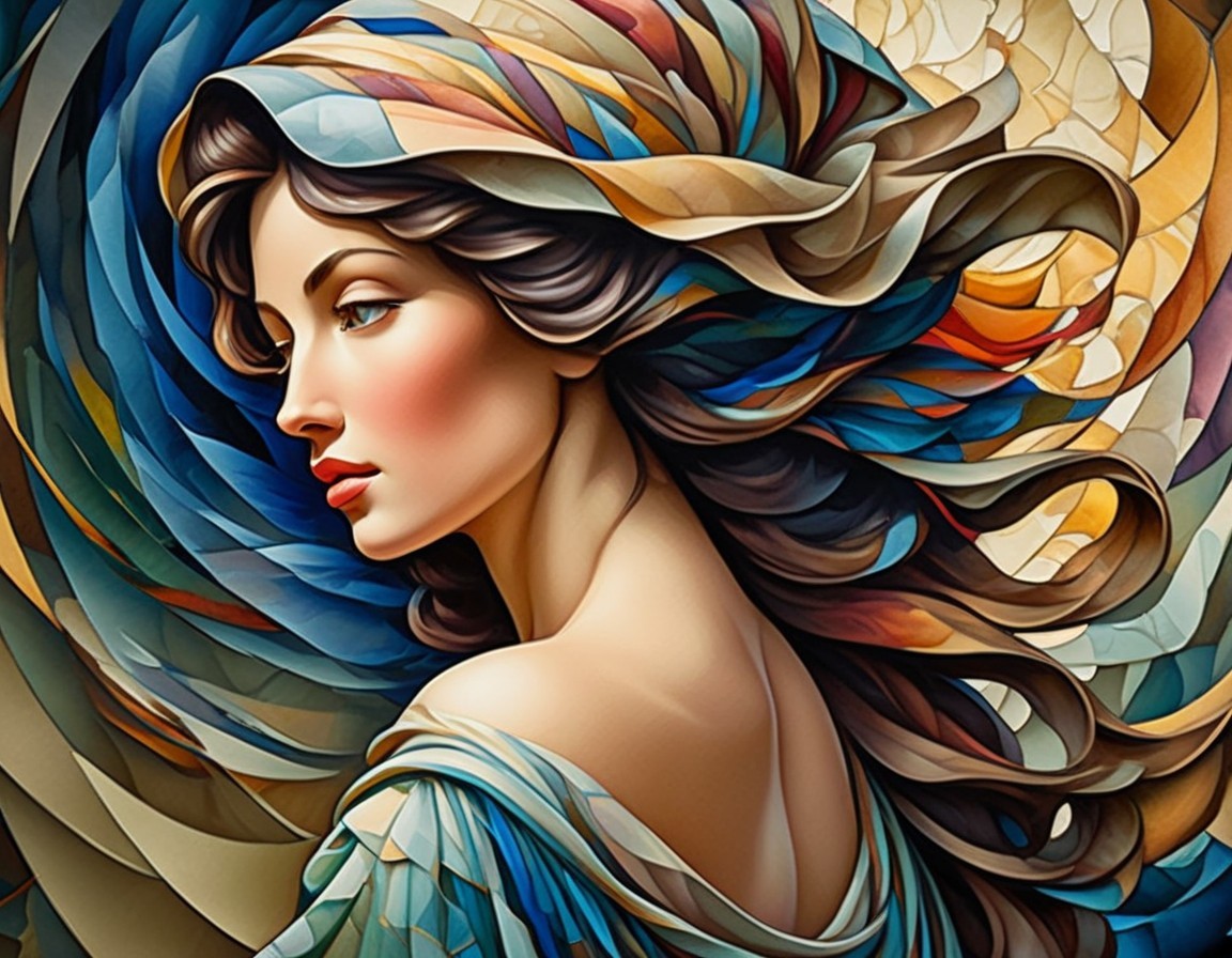 Vibrant stylized illustration of a woman with flowing blue, brown, and gold hair.
